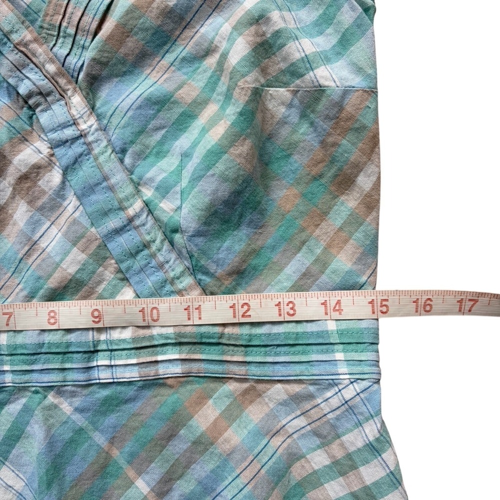 LL Bean Sleeveless A Line Dress Size 6 Madras Plaid Linen Cotton Blue Green Wrap - Picture 10 of 12